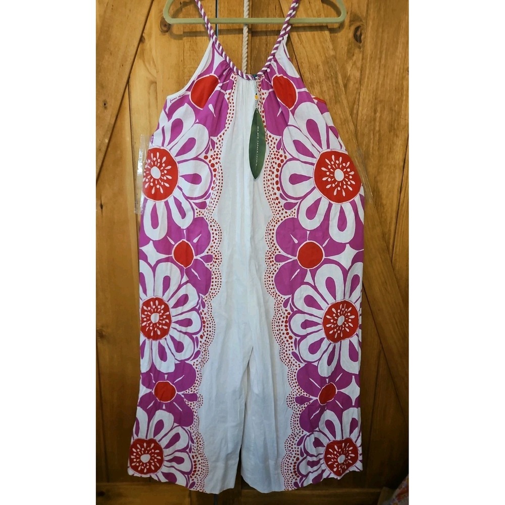 NWT Farm Rio Maia Jumpsuit Romper White Pink Red  Linen Blend Wide Leg Rope #734